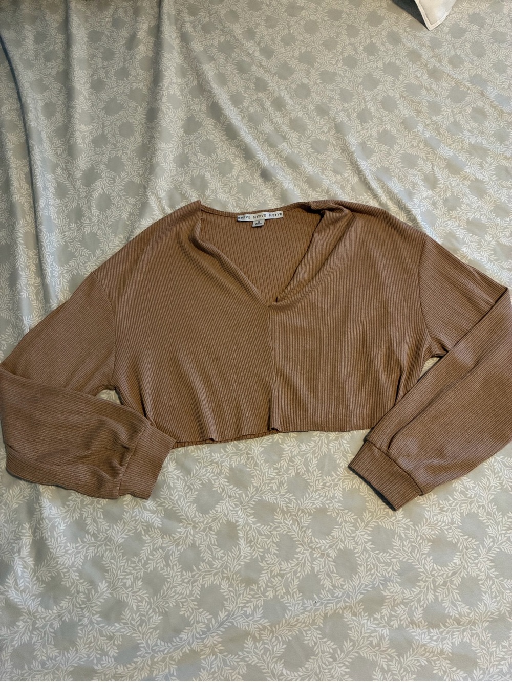 HYFVE Brown Ribbed Cropped V-Neck Long Sleeve Top